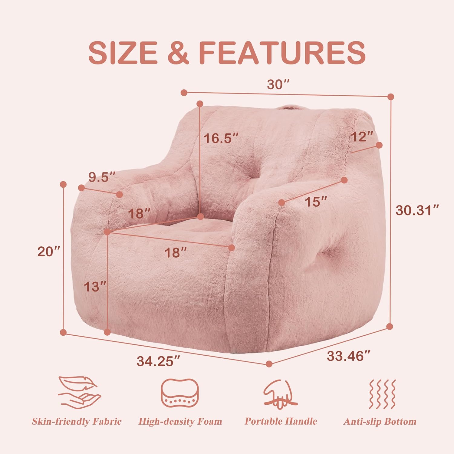 hobestluk bean bag chair for adult small bean bag chairs with arms furry beanbag chair with foam filler stuffed bean bag sofa for reading in bedroom living room and dorms(pink)
