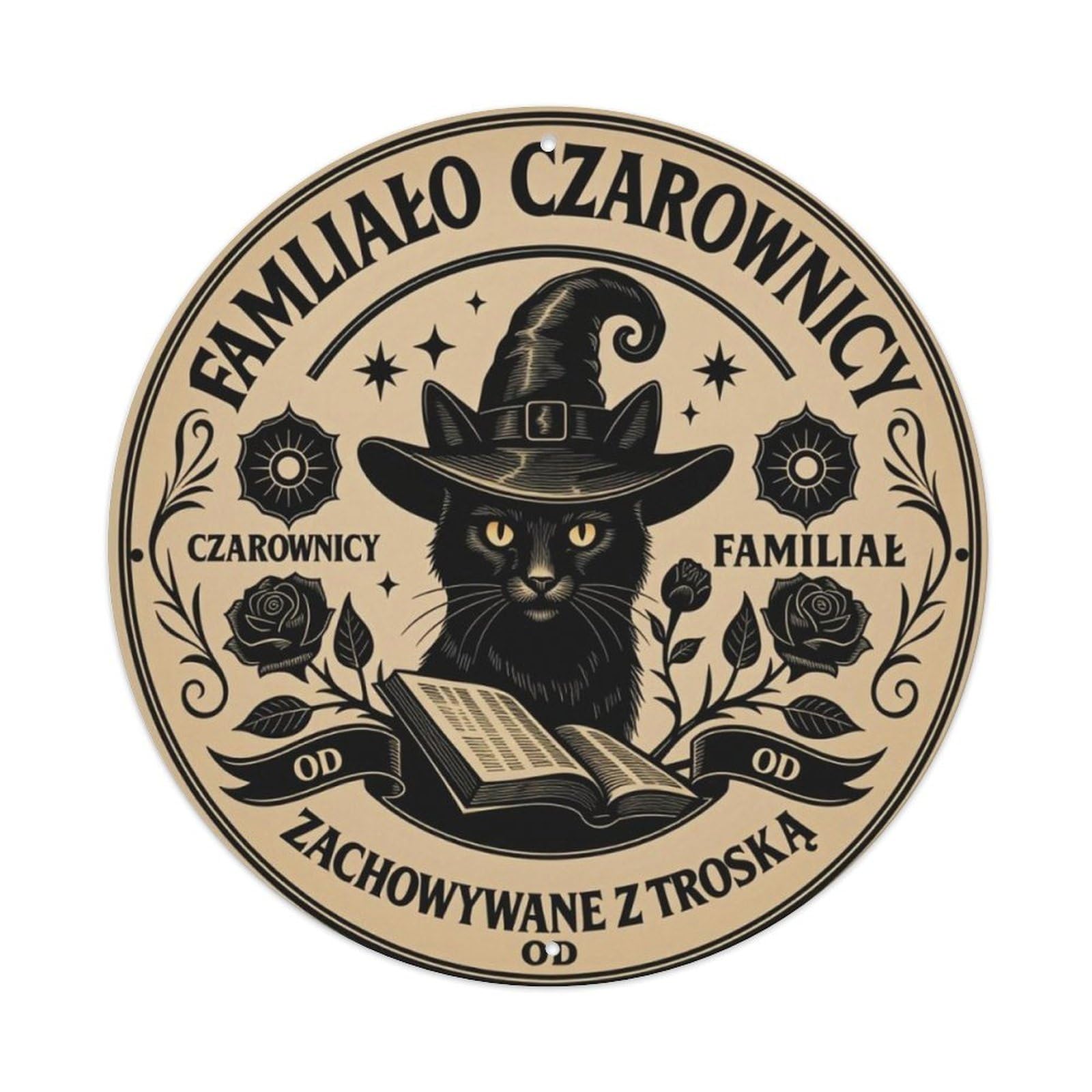 Polish Witch Black Cat Rose Vintage Round Wall Sign Vintage Aluminium Metal Sign, Retro Wall Decor for Home, Bar, Garage & Farmhouse 20x20cm