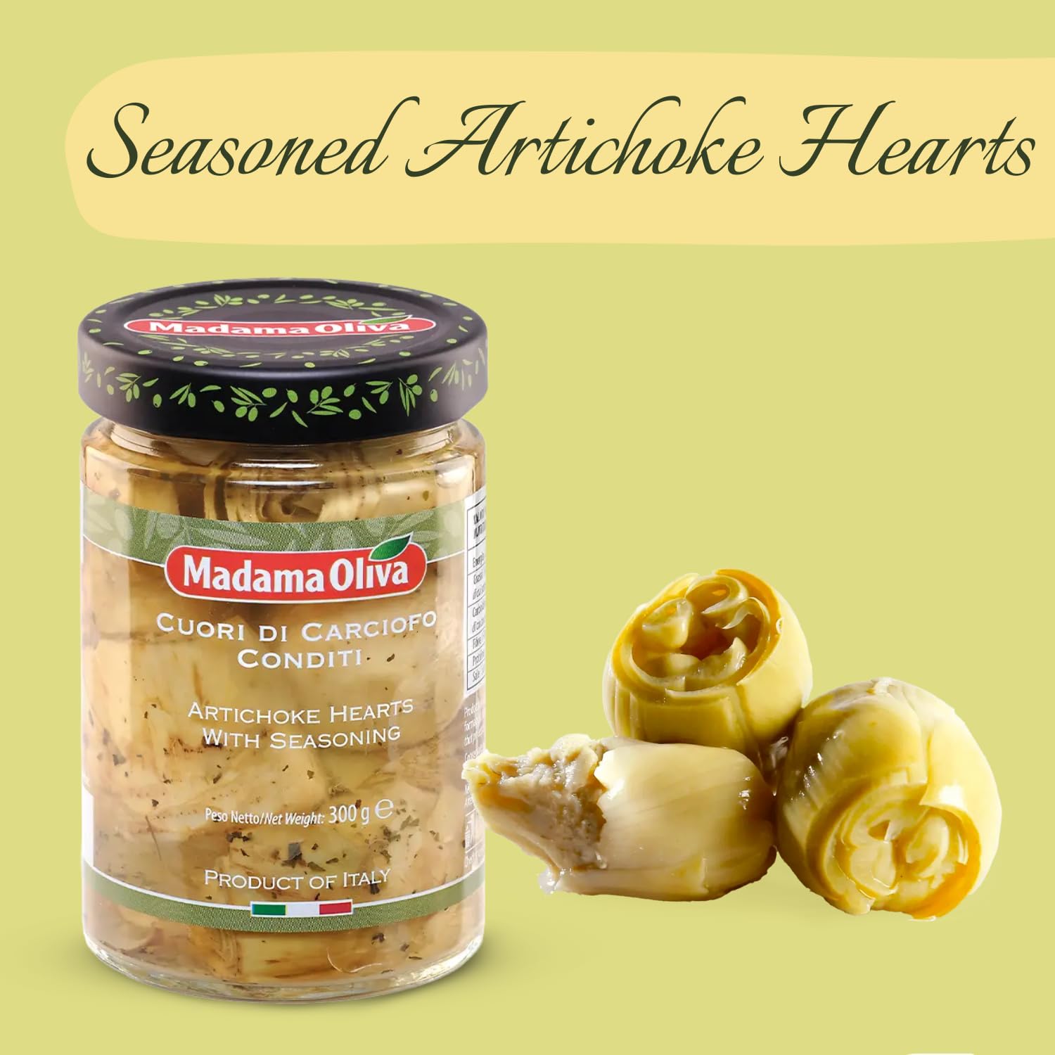 Madama Oliva Artichoke Hearts with Seasoning, 300g, in Sunflower Oil, Product of Italy, Perfect for Salads, Stir-fries, Pizzas