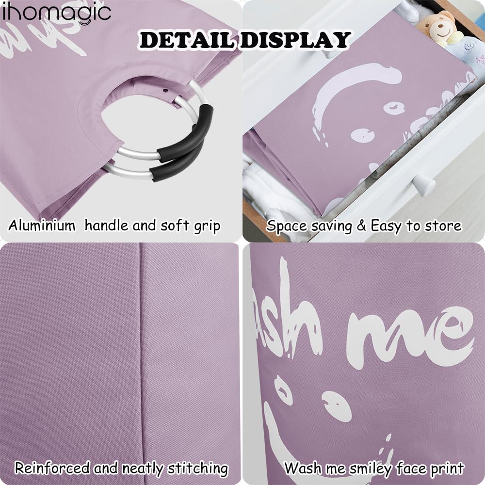 95L Grande Ceste per la Biancheria in tessuto, Cesto Portabiancheria Pieghevole, Cesta del Bucato Portatile Raggruppabili Sacchi da Biancheria per Camera da letto, Bureau, Smiley-Viola
