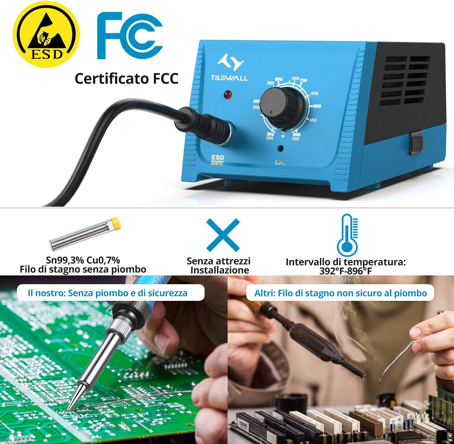 Tilswall Stazione Saldante 65W, Saldatore a Stagno Professionale con Controllo Intelligente della temperatura 200℃-480℃, Kit Saldatura Stagno con 5 Punte per Elettronica per Hobby, Principianti