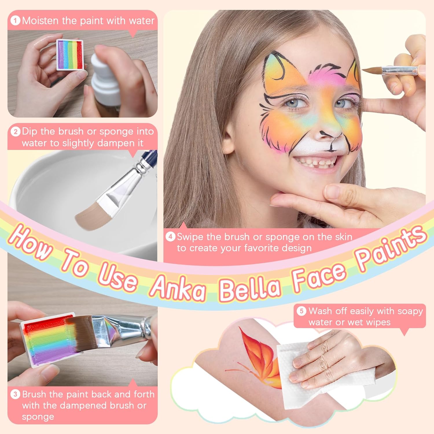 Anka Bella Professional Washable Face Paint,Non-Toxic Water Activated Face Painting Kit,Fast Drying,Gift for Birthday Parties/Halloween/Carnival(Colorful Rainbow set) - Image 7