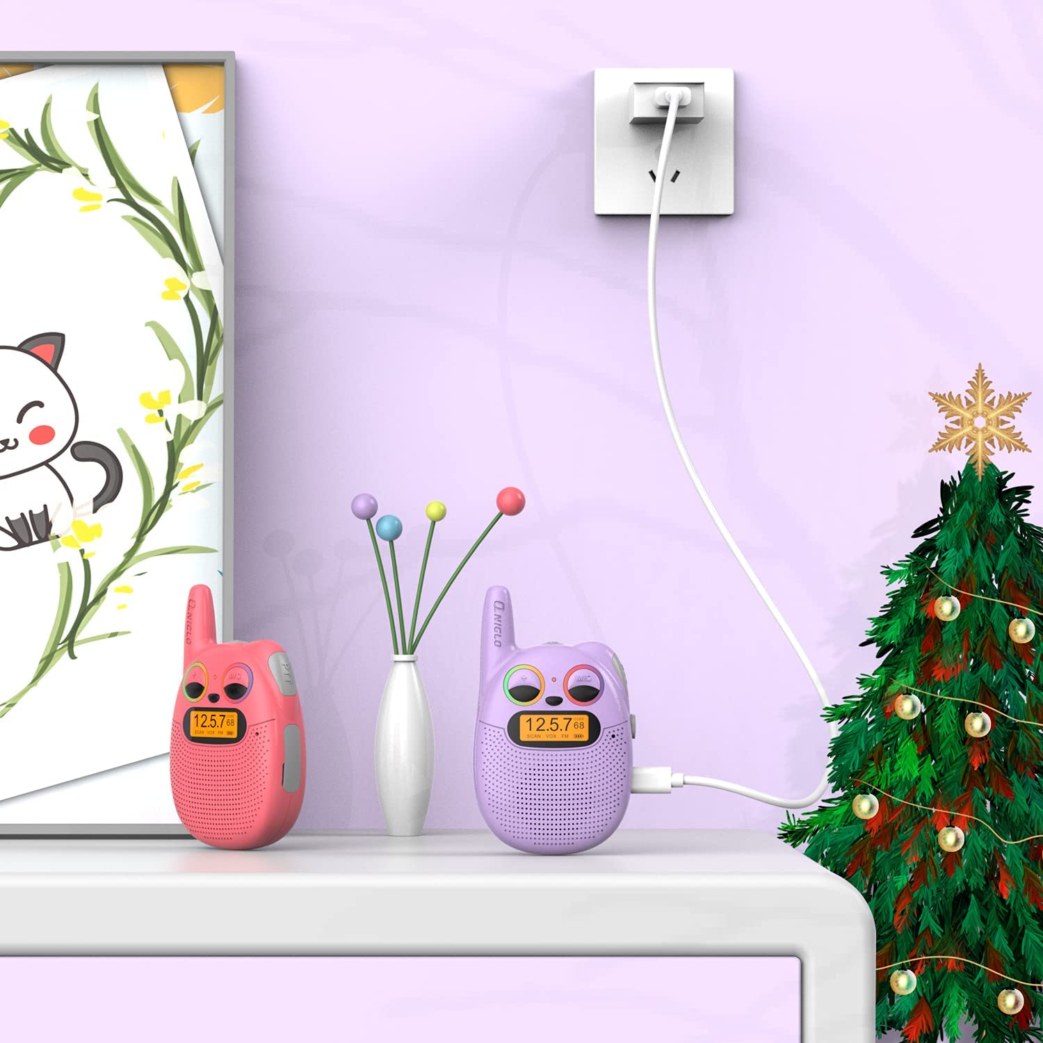 QNIGLO Q136 Walkie Talkie Niños Recargable USB,Radio FM 4Km Alcance 10 Tonos de Llamada,Montar en Bicicleta Acampar Correr,Cumpleaños Regalos para Chicas Chicos,Chulo Walkie con Radio (RojoVioleta) — view 8