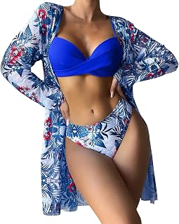 Bikini de Cintura Alta para Mujer Conjunto Traje de baño 3 Piezas diseño Sexy con Pareo Mangas largas Ropa Playa Verano Moda 2023