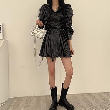 美品【フェンディ】近年モデル　シャツワンピース　フレア　レザー　黒　バイカラー Amazon.co.jp: [SHUMING]ネクタイ付き 黒ワンピース レディース