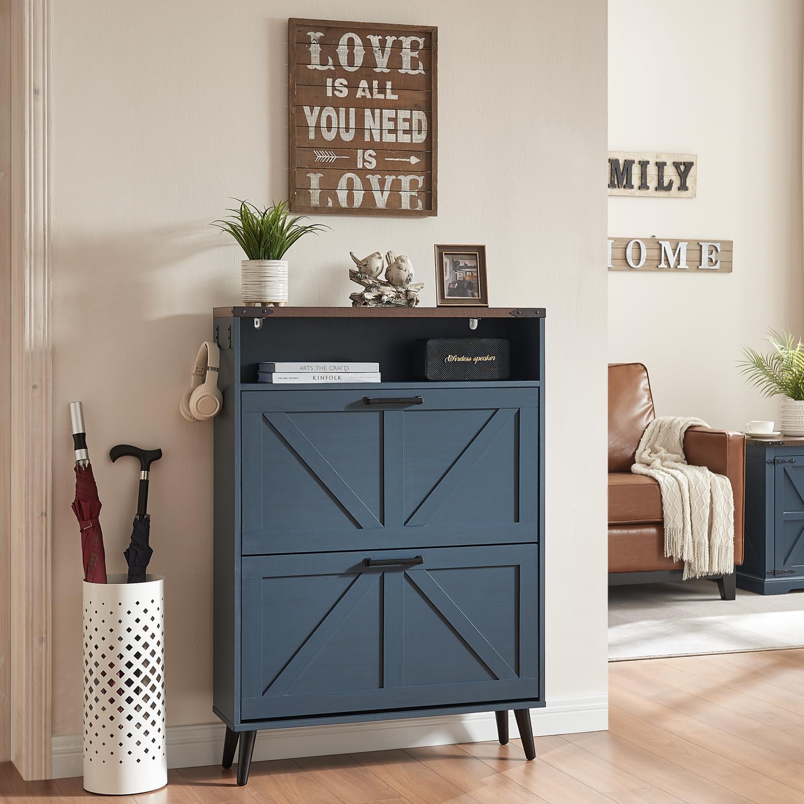 Barnyatoh Shoe Storage Cabinet,Farmhouse Shoe Organizer with 2 Flip Drawers & Barn Door Design,Freestanding Hidden Slim Narrow Shoe Rack Cabinet with Open Storage for Entryway, Foyer,Hallway,Blue