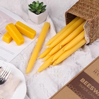 12Pcs Beeswax Taper Candles, 9'' Yellow Dripless & Smokeless Dinner Candles Long Burning Time,10H
