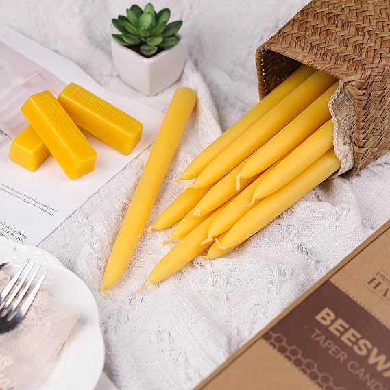12Pcs Beeswax Taper Candles, 9'' Yellow Dripless & Smokeless Dinner Candles Long Burning Time,10H