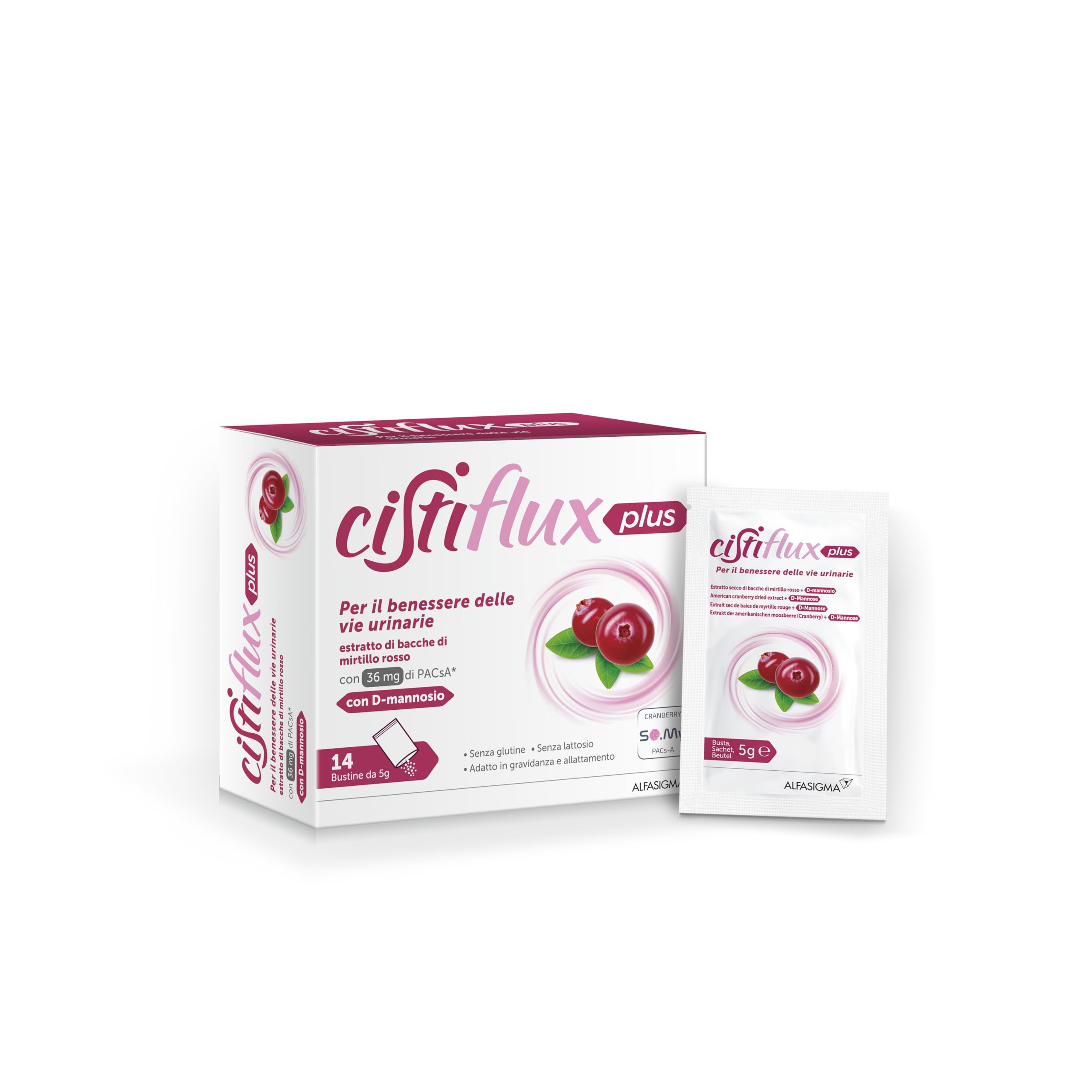 Cistiflux Plus, Integratore a Base di Estratto di Mirtillo Rosso,Cranberry Americano, e D-Mannosio,per Favorire Una Corretta Funzionalità delle Vie Urinarie, 14 Bustine, Gusto Frutti di Bosco