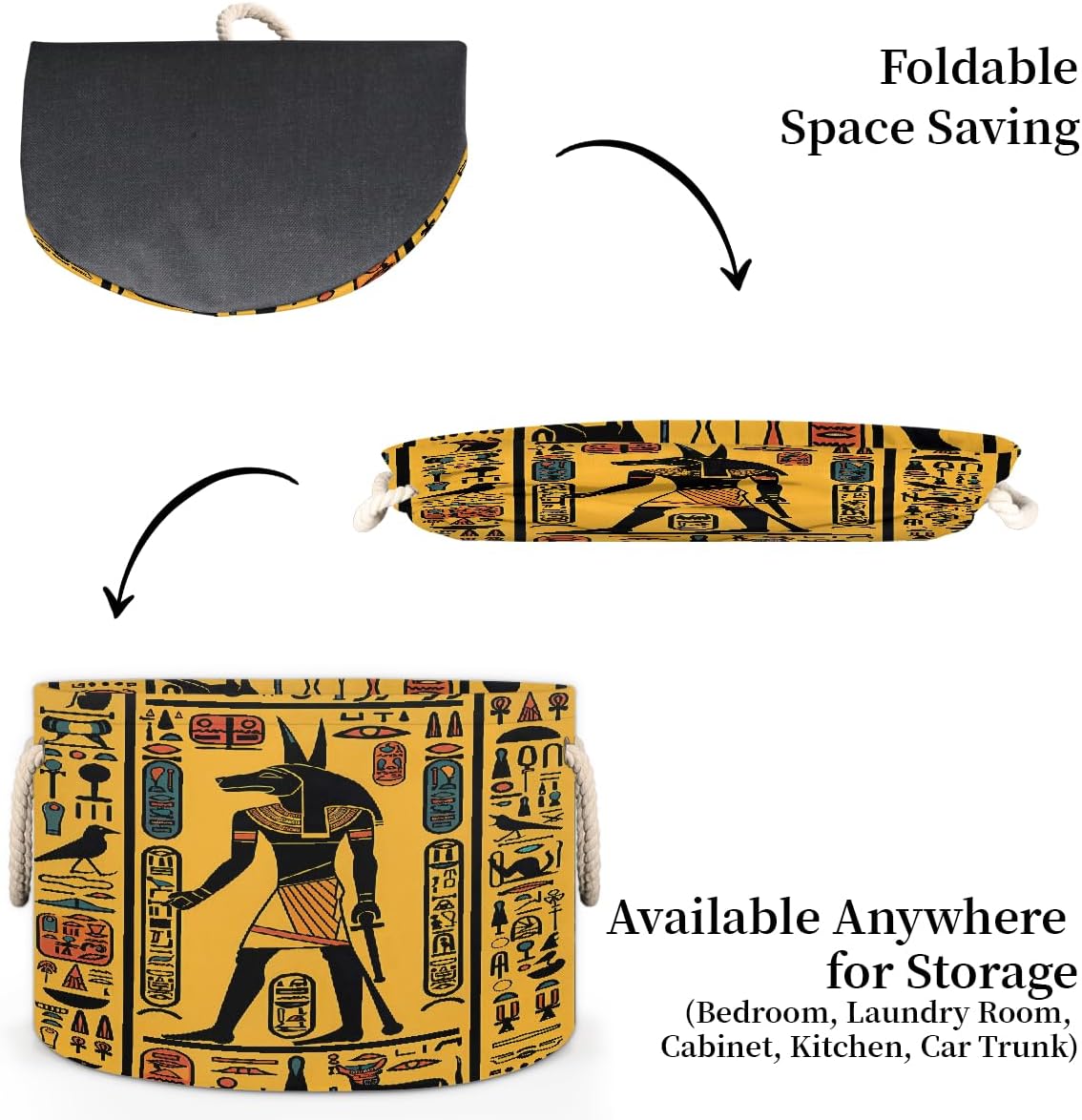 Egyptian Hieroglyphs Pattern Round Storage Basket for Laundry & Toys, Lightweight Fabric Laundry Hamper with Handles, Foldable Large Organizer Bin for Bedroom Bathroom Nursery Dorm