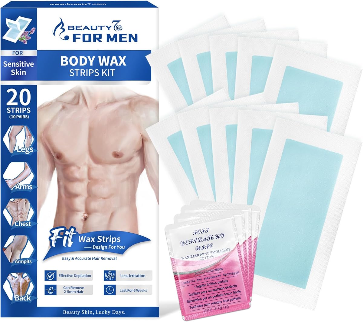 Tiras de cera para el cuerpo para hombres Beauty7, tiras de cera listas para usar | 20 tiras de cera en casa con 4 toallitas de aceite calmantes, depilación con cera para piernas, brazos y pecho, cera para depilación facial