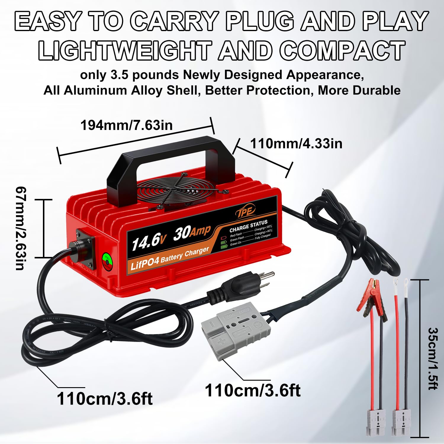 TPE 14.6V 30Amp LiFePO4 Battery Charger 12V 30A Compatible with 12.8V LiFePO4 Batteries for 12 Volt Automotive Trailer RV SUV Boats Batteries