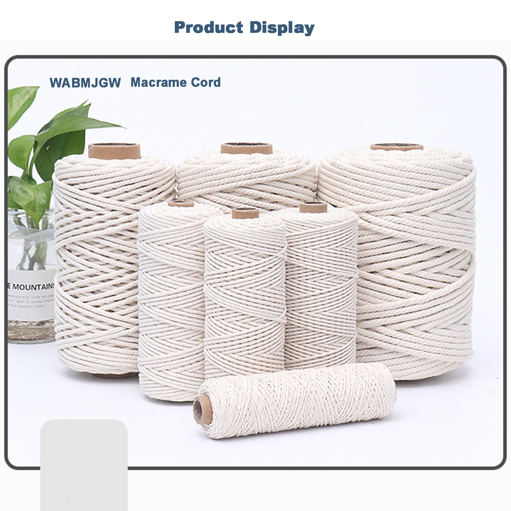 3 Rollen Makramee-Kordel 3 mm/4/5/6 mm x 300 m, natürliches Makramee-Seil, Baumwollschnur, 4 Stränge, gedrehtes, weiches Terrassenseil zum Aufhängen an der Wand, Heimwerken,Beige-5 mm