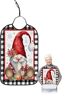 Kewadony Adult Bibs for Elderly Women - Christmas Waterproof Dining Clothing Protectors with Crumb Catcher for Eating/Feeding, Red Poinsettia Gnomes Snowflake Black White Plaid Terry Cloth Bib