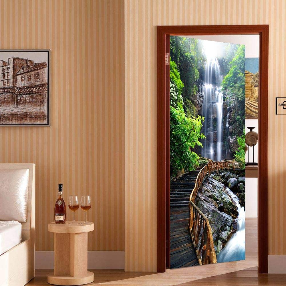 3D Door Sticker Waterfall Self-Adhesive Mural Home Decoration Wall Stickers Bedroom Living Room Removable Poster Art Stickers-90x200cm — image 1