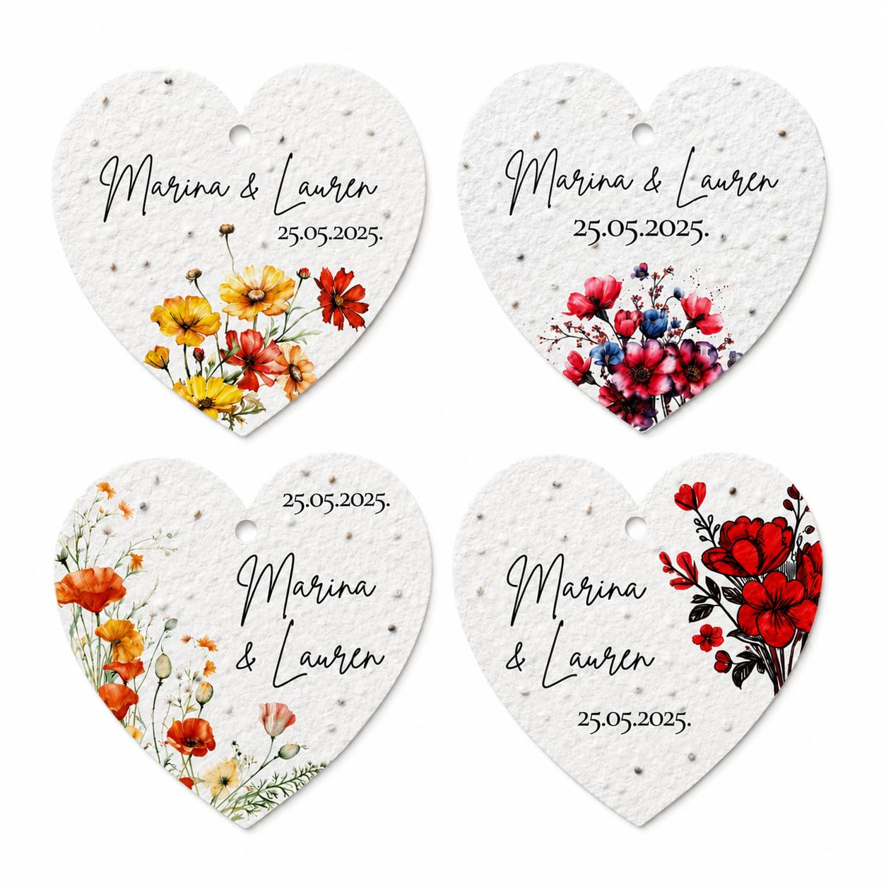 Personalisierte Samenpapier Herzen 6 cm | Gastgeschenk Hochzeit | Papier mit Blumensamen | Anhänger personalisiert | Nachhaltiges Give Away | mit oder ohne Loch (100, Ohne Pflanzanleitung)