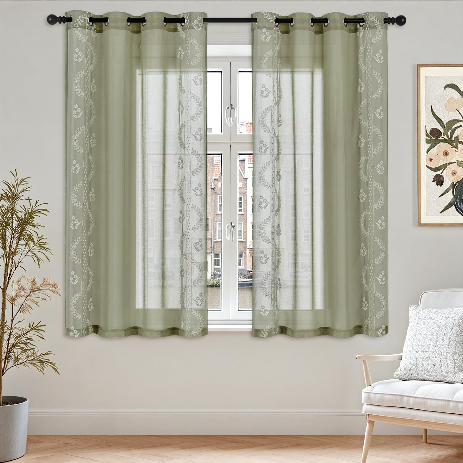 TOPICK Embroidery Floral Net Curtains for Bedroom Windows Linen Look Light Filtering Voile Eyelet Curtains 54 Inch Drop - Image 2