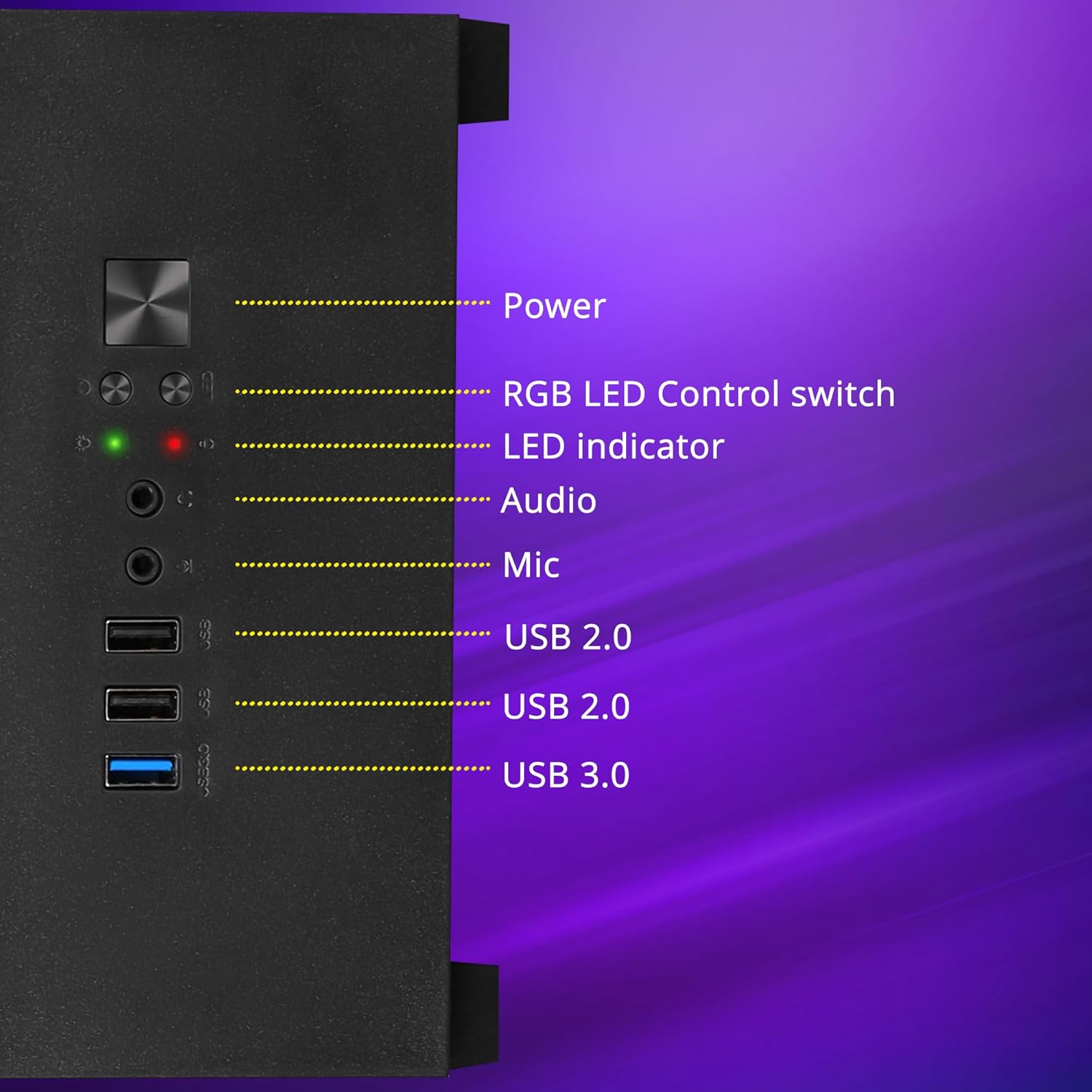 Front panel connectivity ports including USB 3.0, USB 2.0, audio jacks, and power/LED control buttons