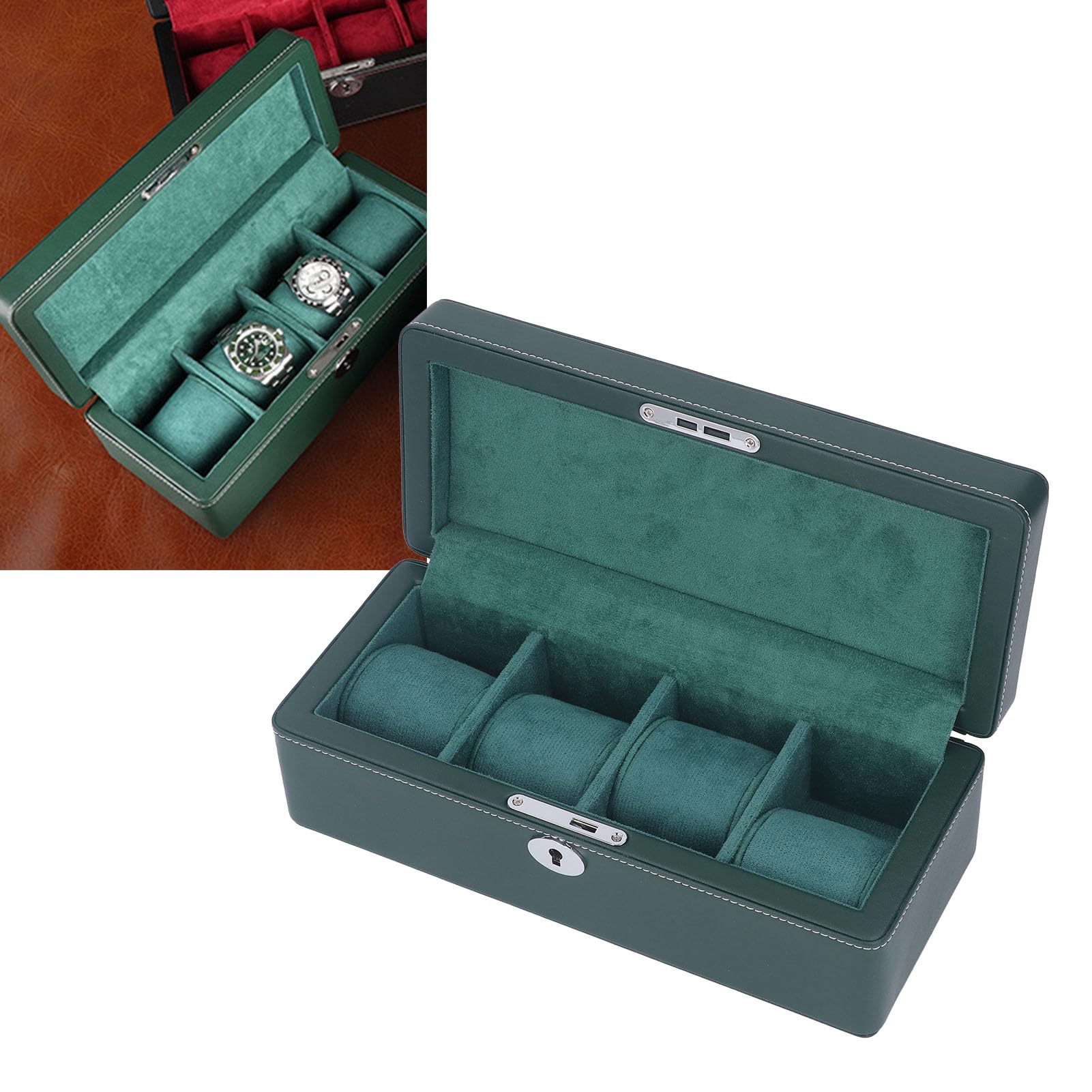 Box di Orologi a 4 Slot con Chiave in Pelle in Microfibra - Spazio di Lusso Verde per Orologi Meccanici e Display di Gioielli