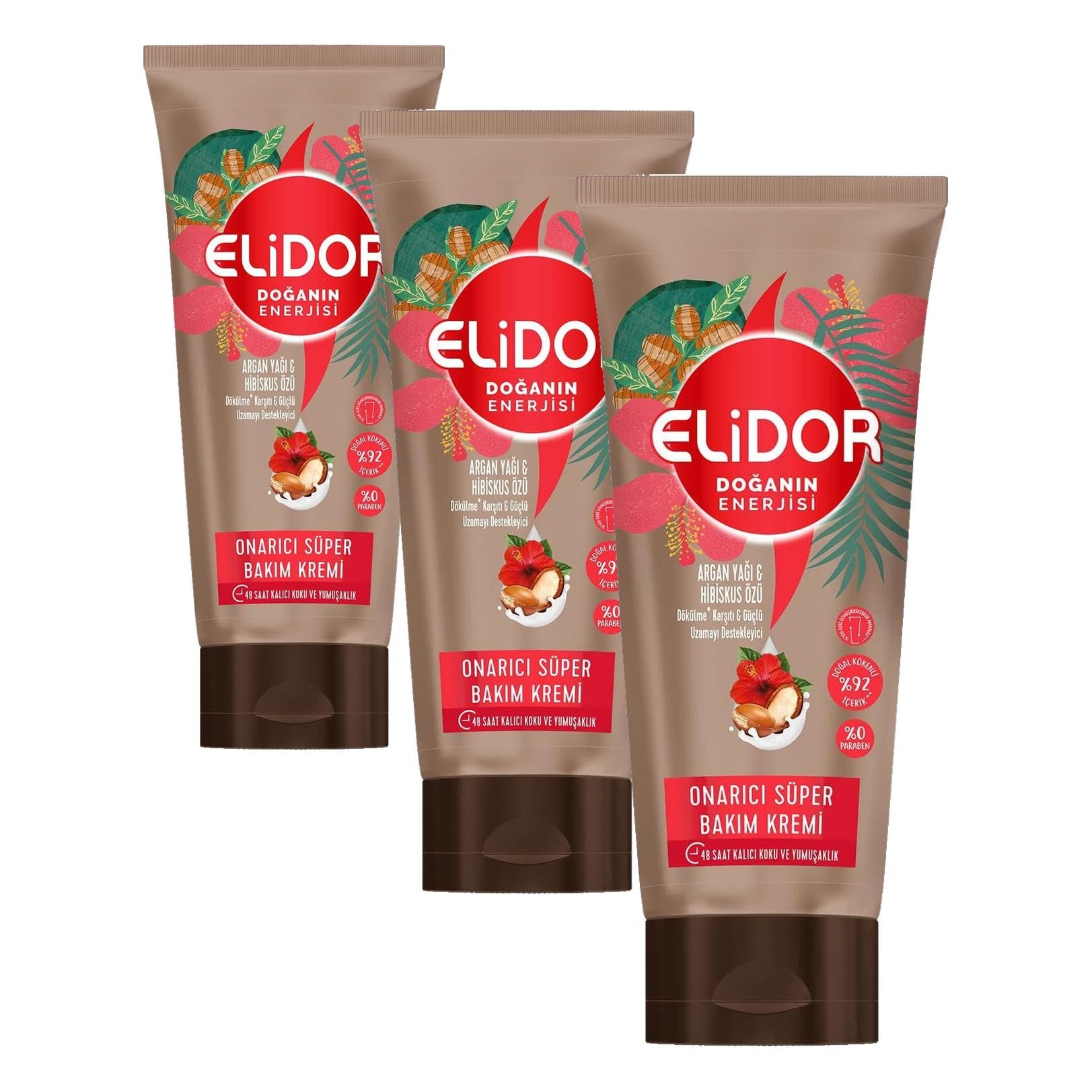 Elidor Doğanın Enerjisi Onarıcı Süper Saç Bakım Kremi Argan Yağı ve Hibiskus Özü Dökülme Karşıtı ve Güçlü Uzamayı Destekleyici (170 ml) (3 paketi)