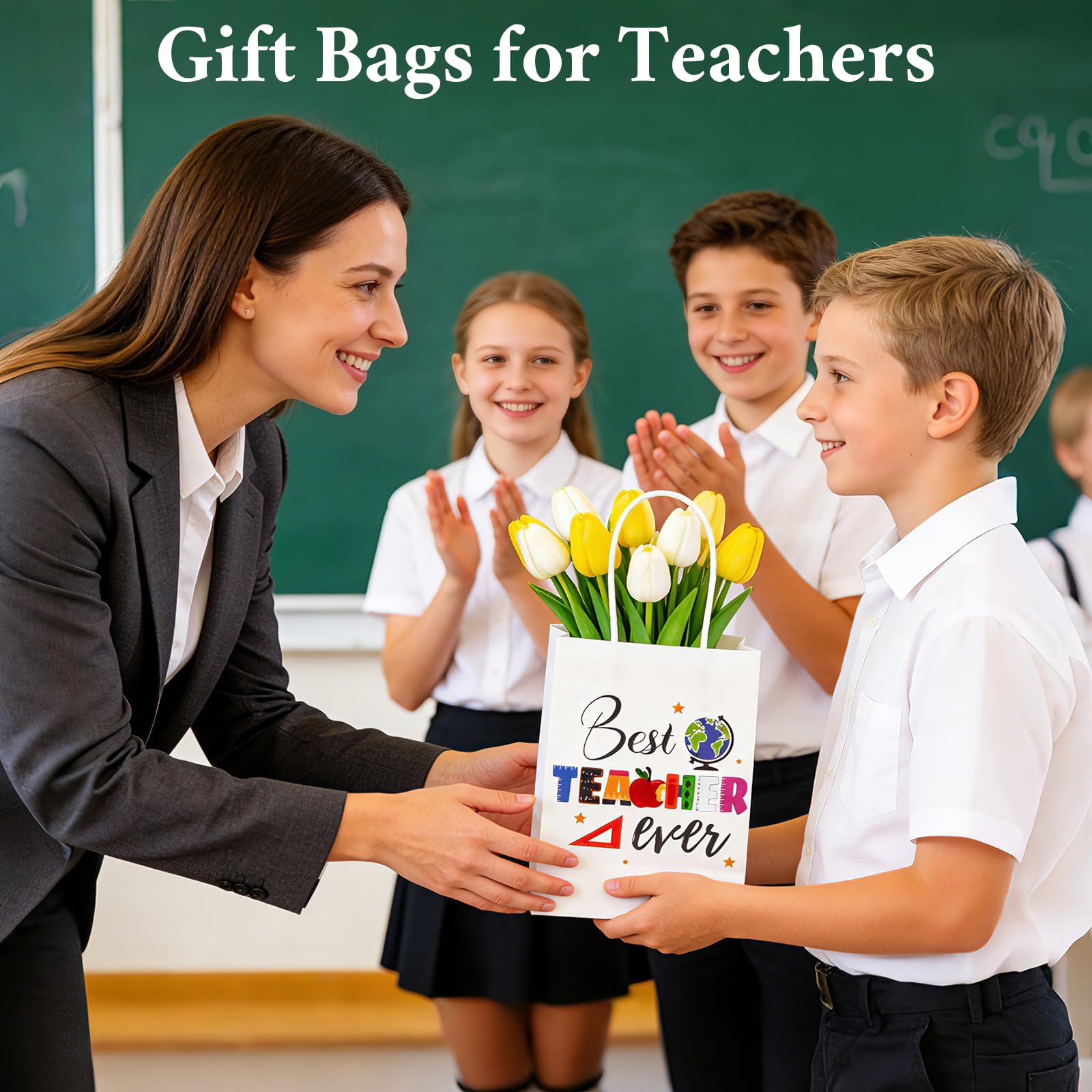 ZeffuLyne Teacher Appreciation Bags, 12Pcs Teacher Appreciation Gift Bags with Best Teacher Ever, Teachers' Day Back to School Party Favors Supplies