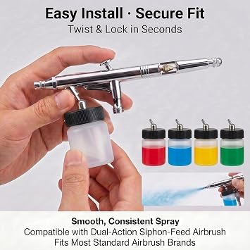 ABEST 10-Pack Airbrush Bottles 22cc (3/4oz), Clear Plastic Siphon Feed Jars with Standard Lid Adapter, Paint Storage Cups Compatible with Master, Iwata, Badger, and Paasche Dual Action Airbrushes