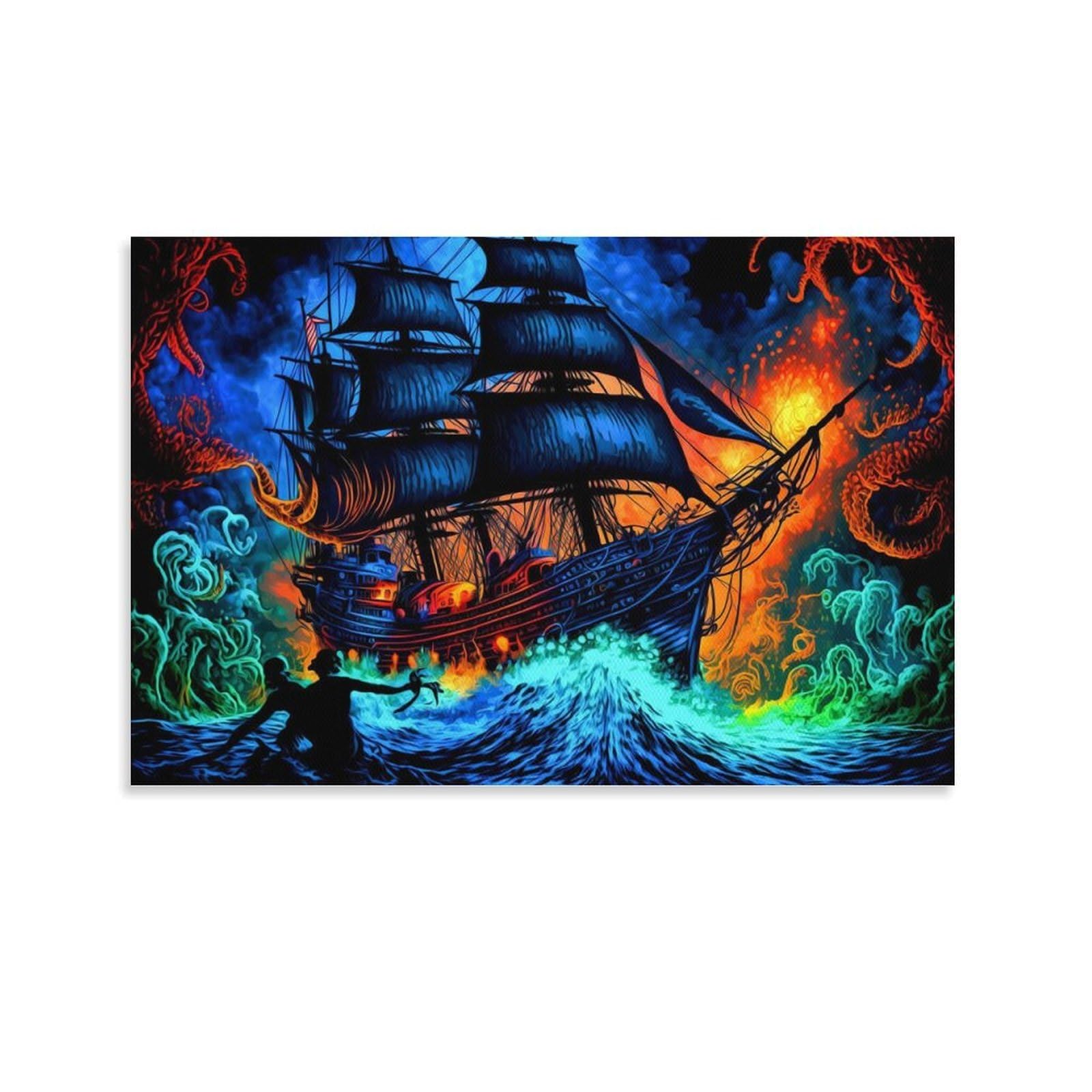 CPLVKWRQJ Sailboat Individual Glowing Pirate Ship at Sea Canvas Wall Art - Office Canvas Print Fade Resistant Wall Focal Art Ready to Hang 24x36inch(60x90cm)