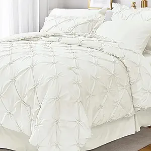 JOLLYVOGUE Ivory King Size Comforter Sets 7 Pieces, Pintuck Bed in a Bag Comforter Set for Bedroom, Bedding Comforter Sets with Comforter, Sheets, Ruffled Shams & Pillowcases
