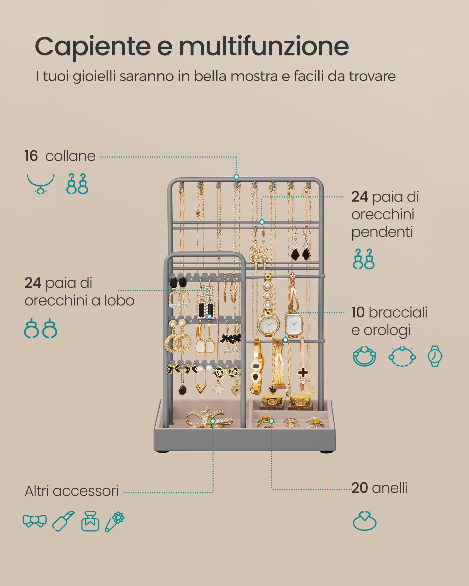 Portagioie Regolabile 3 Livelli – 20 Ganci Collane, 18 Fori Orecchini, Supporto Bracciali, 6 Rotoli Anelli, Vassoio Bianco E Base Oro, Organizer Da Tavolo Per Ragazze E Donne - 3