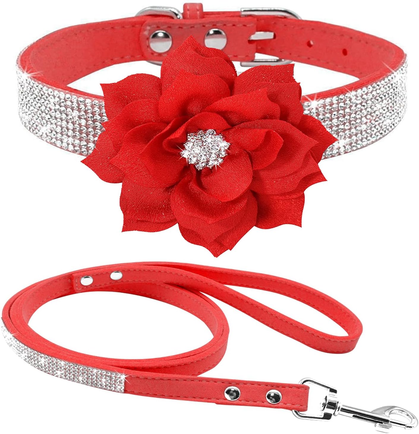 Cute Dazzling Sparkling Elegant Fancy Soft Suede Leather Bling Rhinestone Crystal Jeweled Pet Cat Dog Puppy Collar Dog Leash Combo Set (L(Neck 15-18"), Pink)