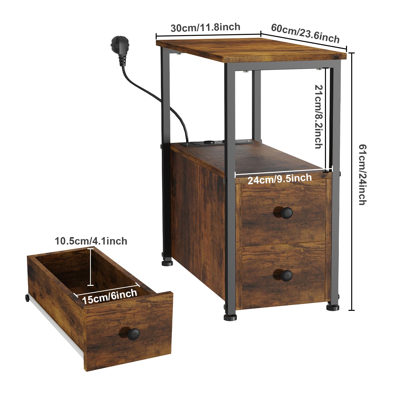 Tavolino Piccolo Con Stazione Di Ricarica USB E Prese - Comodino Stretto 60x30x61 Cm, Con Tasca Portaoggetti Per Soggiorno E Camera Da Letto