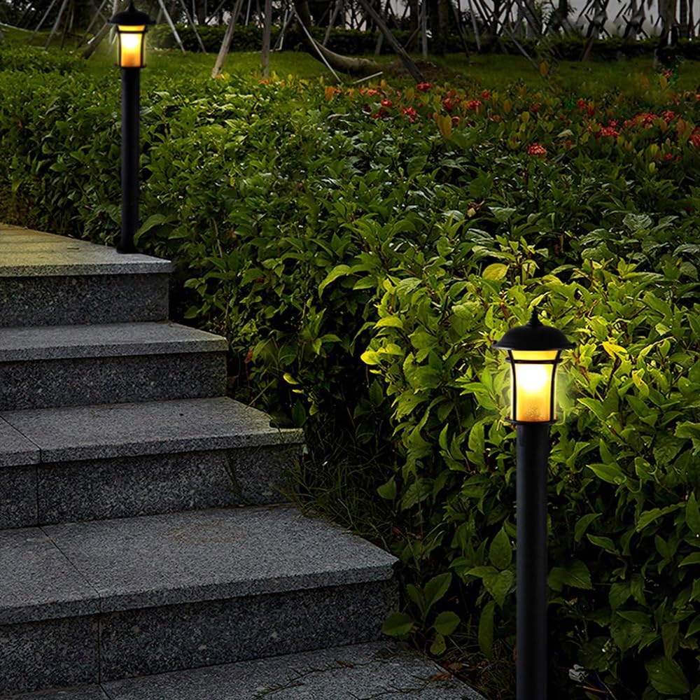 Europejska Lampa Ogrodzeniowa Z Żółtym Kloszem Szklanym, Słupek Oświetleniowy W Czarnym Wykończeniu, Lampa Naścienna Do Chodnika, Patio Lub Werandy,Large