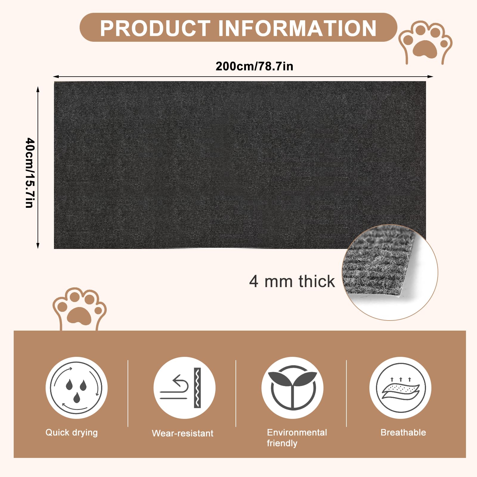 Tappeto Tiragraffi Per Gatti Autoadesivo - 200x40 Cm, Grigio Scuro, Protezione Divano E Mobili - Foto 13