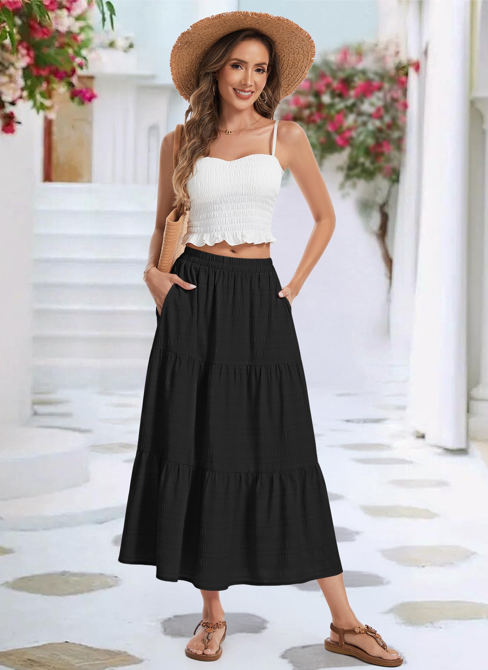 MOLERNAI Damen Rock Sommer Hohe Taille Einfarbig Maxirock Stufenrock Elegant A-Linie Freizeitrock Rock mit Taschen