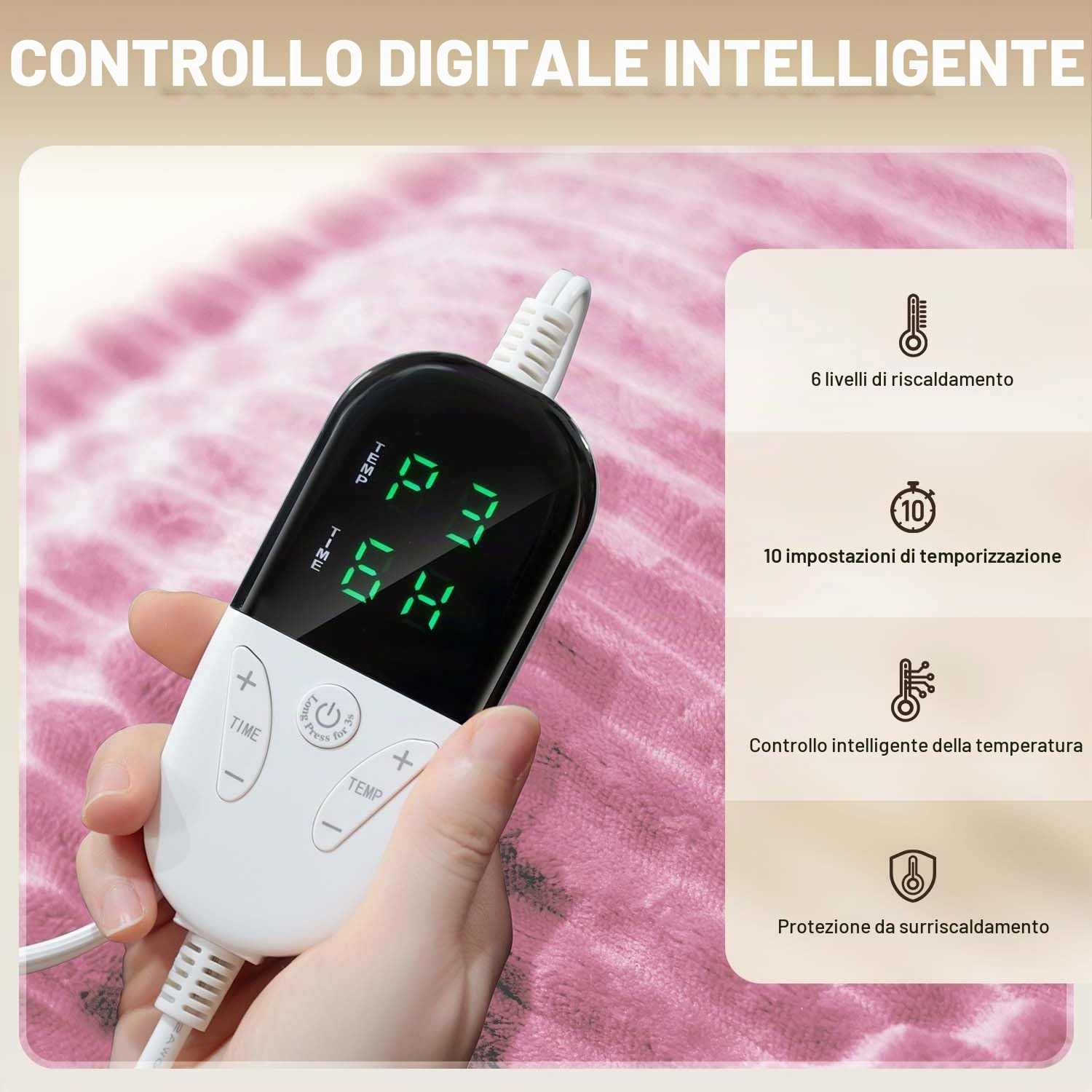 Coperta Riscaldante Elettrica con Spegnimento Automatico,180 x 135 cm,Timer 10 Ore e 6 Temperature,Rapido Riscaldamento,Flanella,Lavabile in Lavatrice,Coperta Termica per Letto, Casa e Ufficio-Rosa