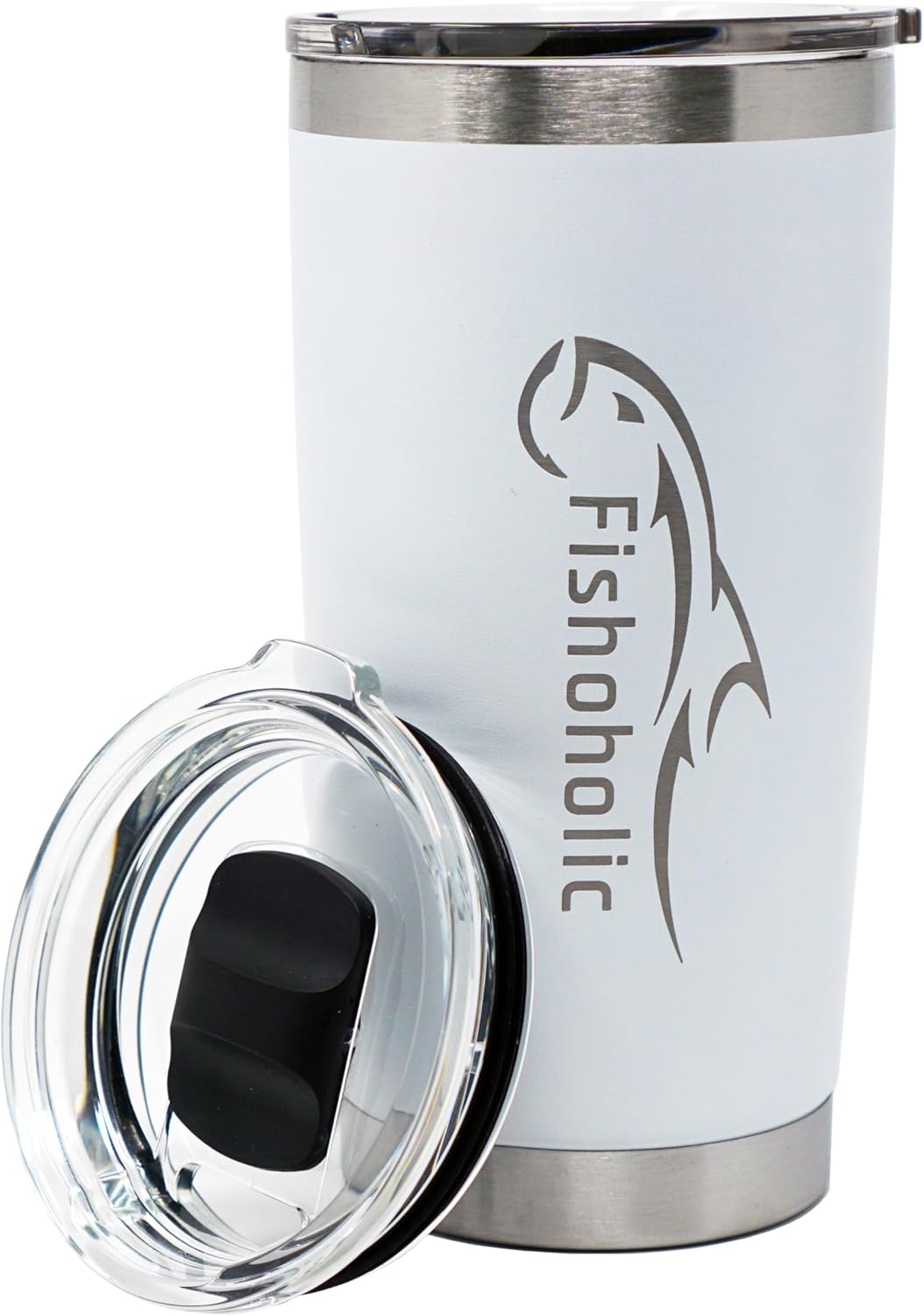 Fishoholic 20oz or 30oz Tumbler w Magnetic Slide Lid for Hot & Cold Drinks, Stainless Steel, Double Wall, Vacuum Insulated, Mug Glass Cup