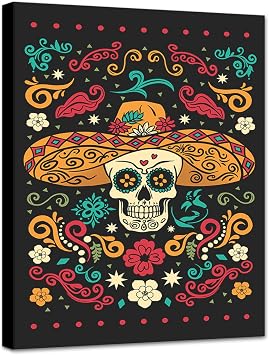 MAMAGO Abstract Wall Art - Halloween Poster Colorful Wall Decor Canvas Prints Mexican Festival Sugar Skull Poster Decoration for Living Room Framed Ready to Hang - 12 x 16 inch