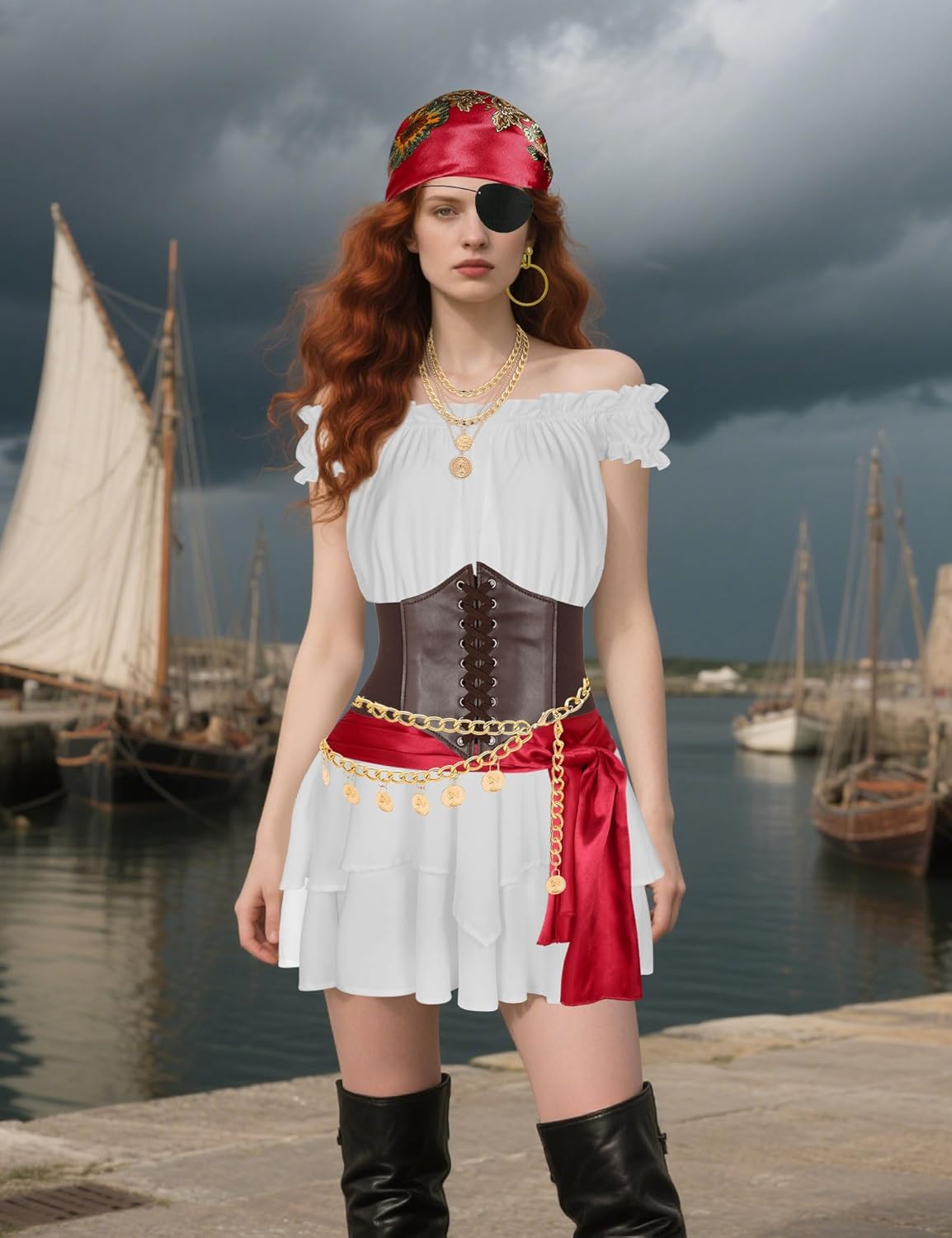 Pirate Costume Women Dress Corset Head Scarf Sash Chain Belt Necklace Eye Patch Party Outfit Pirate Accessories - Image 6