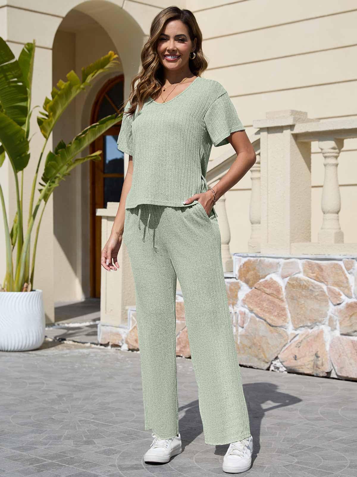 CheChury Ensemble Femme Pantalon et Haut Fluide 2 Pièces Manches Courtes Top Pantalon avec Poches Ensemble Deux Pièces Loungewear Casual Outfit Été Automne Survêtement Suit