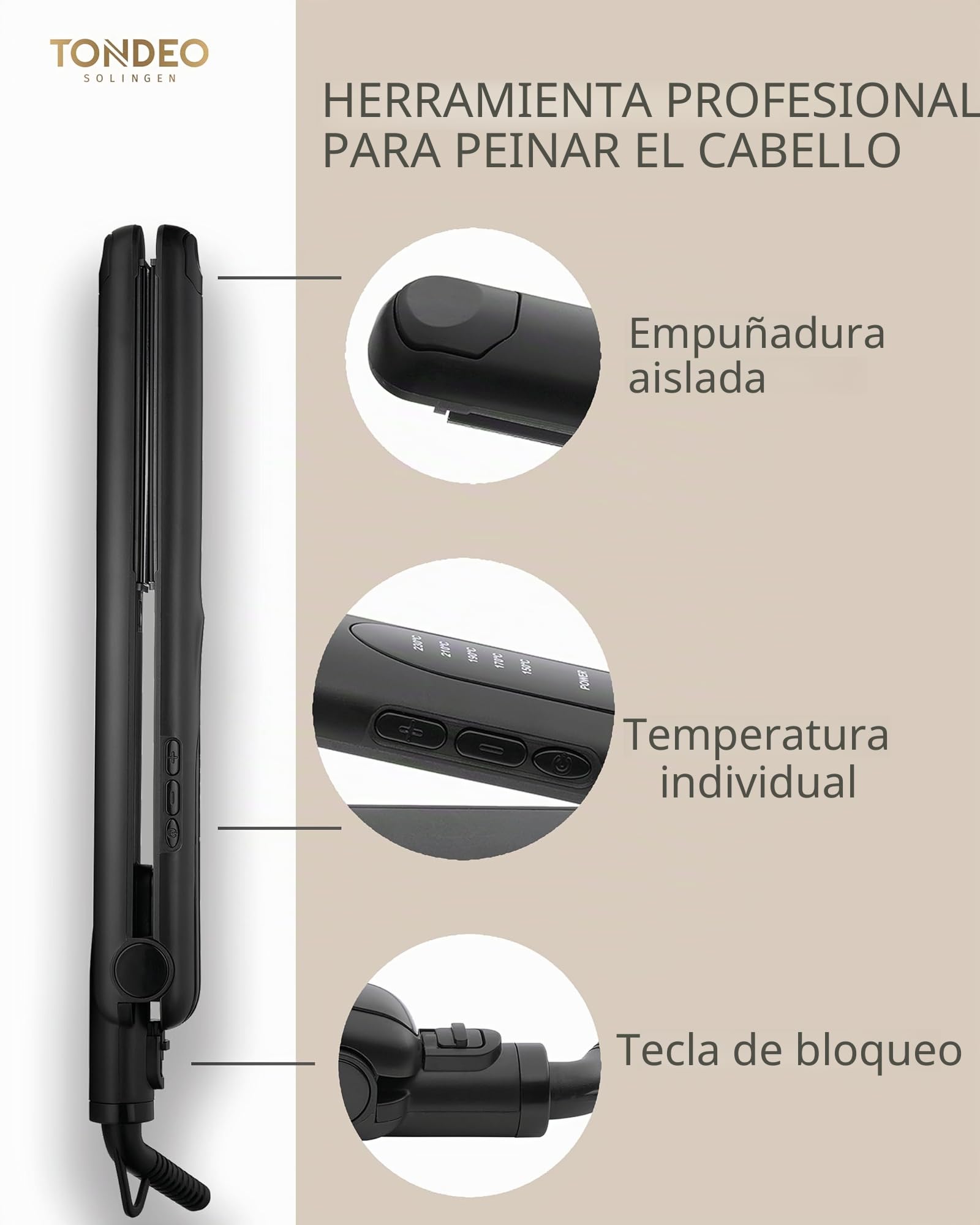 TONDEO Plancha rizadora CERION CRIMP | Ondulador profesional para mayor fijación y más volumen | Placas calefactoras con resorte y temperatura ajustable para un peinado especialmente suave