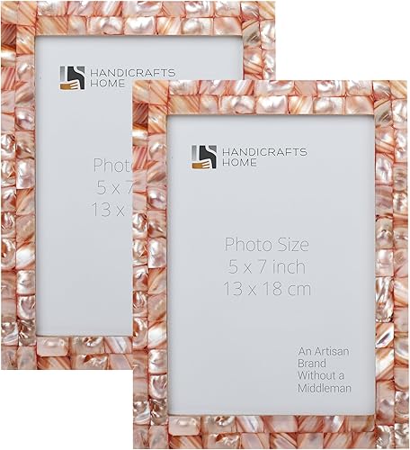 Handicrafts Home Paquete de 2 marcos de fotos de 5 x 7 Marco de fotos de nácar rosa, marcos decorativos para pared y escritorio, decoración bohemia