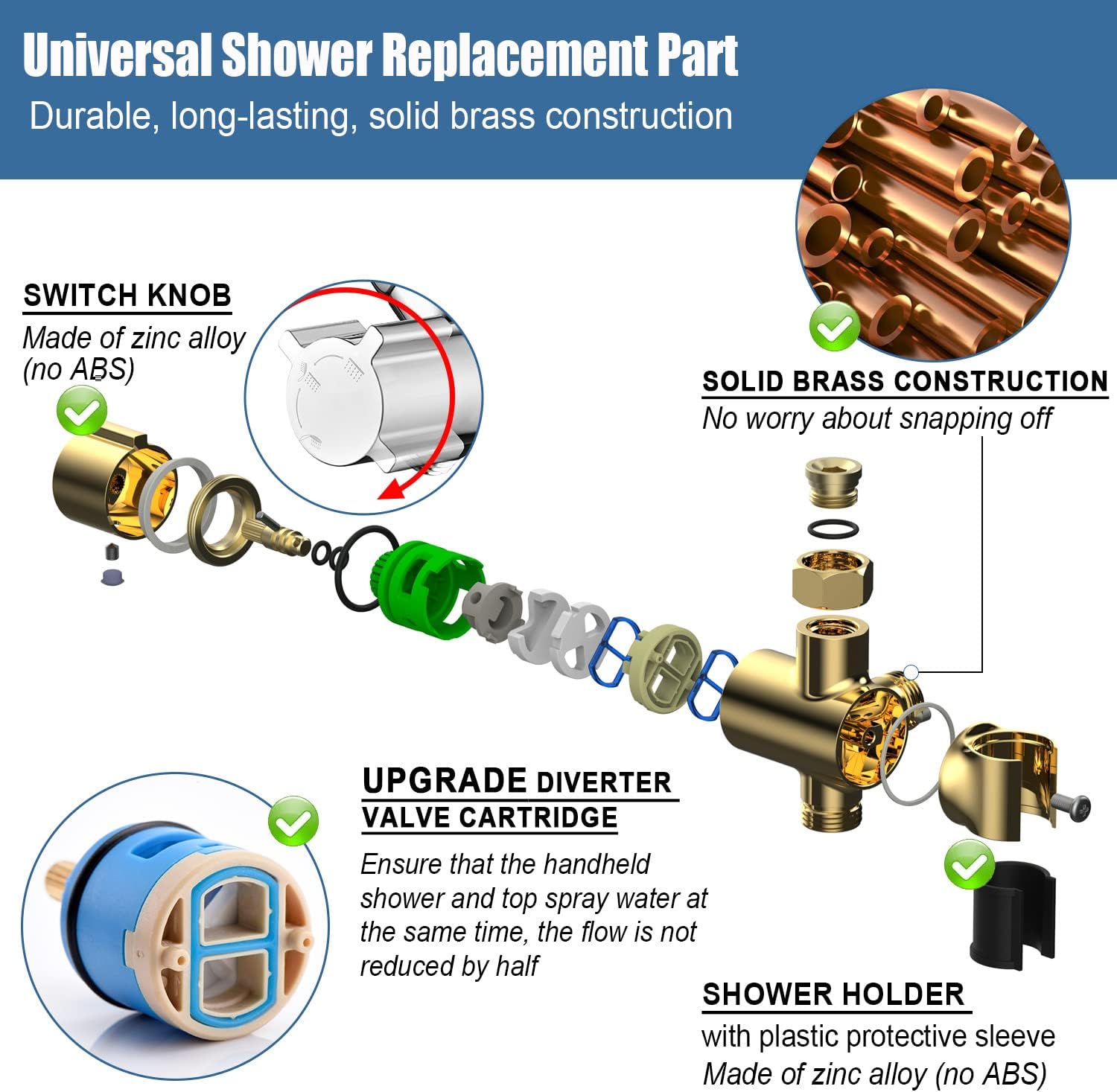 Metal Shower Diverter Valve with Hand Shower Holder, Full Flow Shower Arm Diverter for Hand Held Showerhead and Fixed Spray Head, G 1/2 3-Way Universal Shower System Replacement Part Uvish