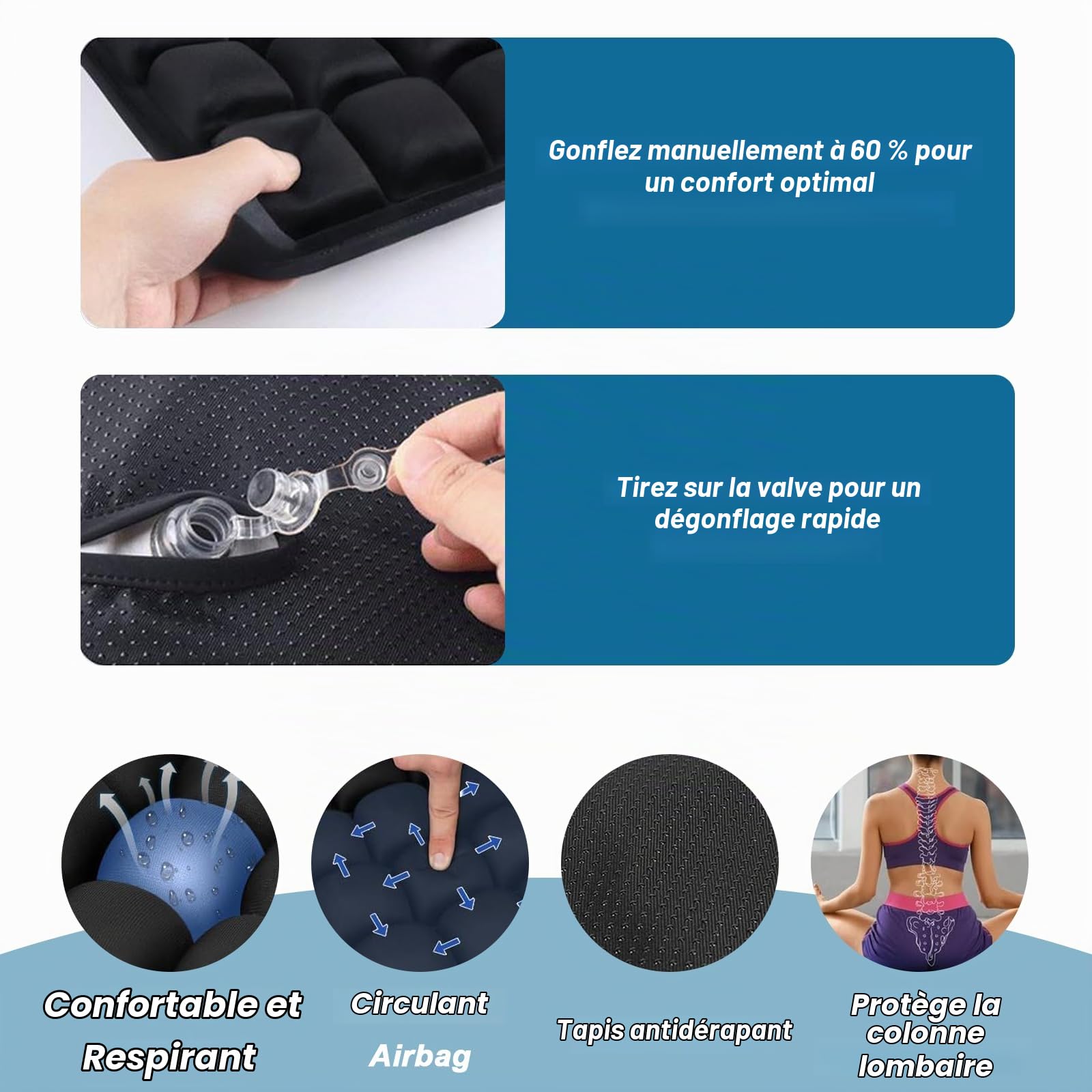Coussin Antiescarres, Siège Auto Gonflable Ergonomique à Cellules d'air 3D pour Soulager la Pression du Coccyx, pour Bureau, Voiture, Fauteuil Roulant, Moto et Voyage (45x40cm, Noir)