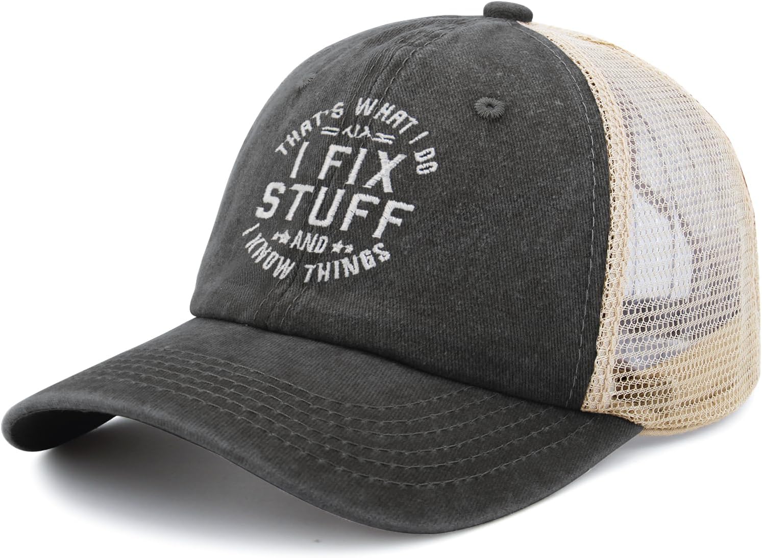 Embroidered That's What I Do I Fix Stuff & I Know Things Vintage Cotton Washed Soft Mesh Baseball Hat - Image 2