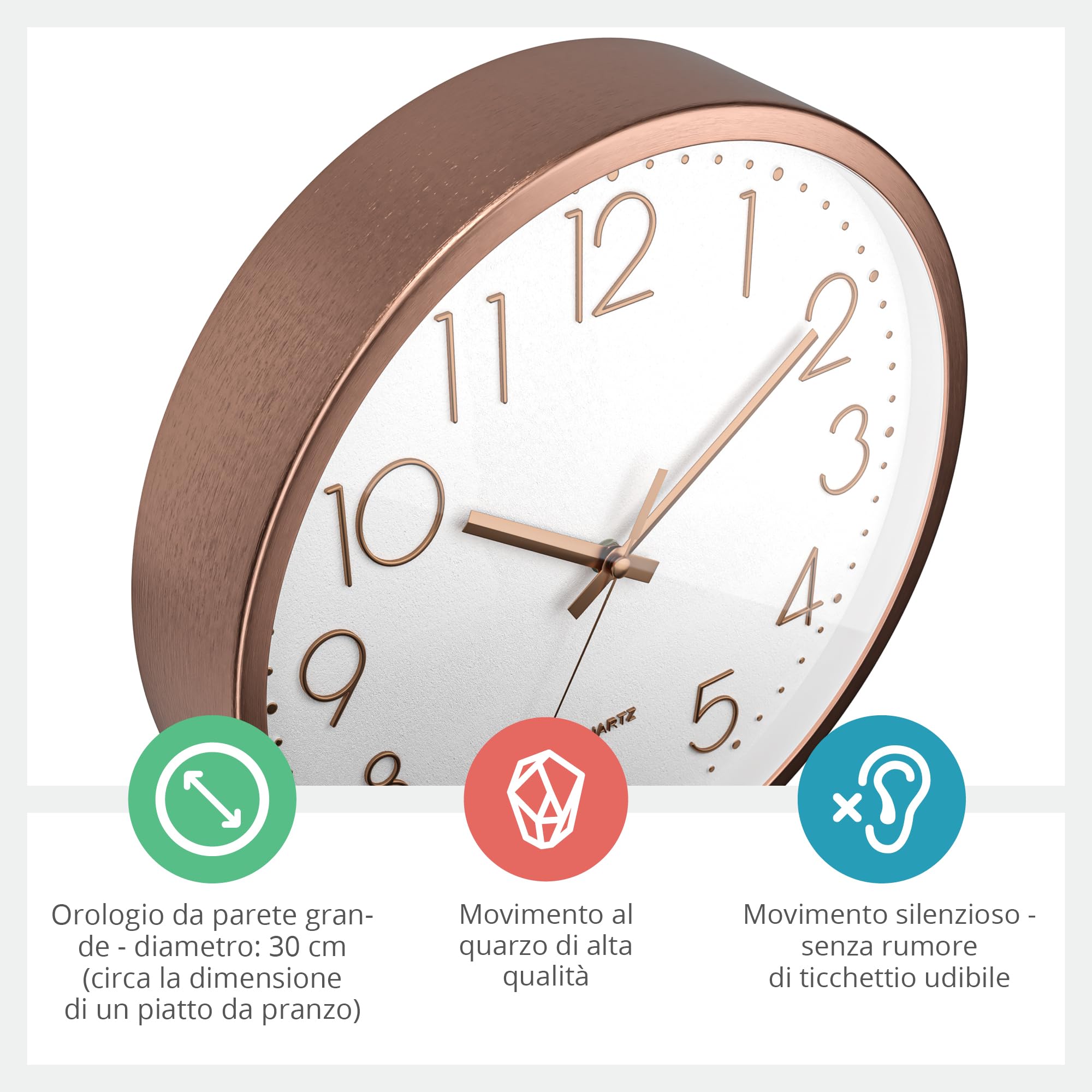 Mebus Orologio da parete al quarzo, senza ticchettio, rumore, telaio in alluminio, quadrante arabo, cifre 3D, lancette in alluminio, colore: rosa + nero, 30 cm