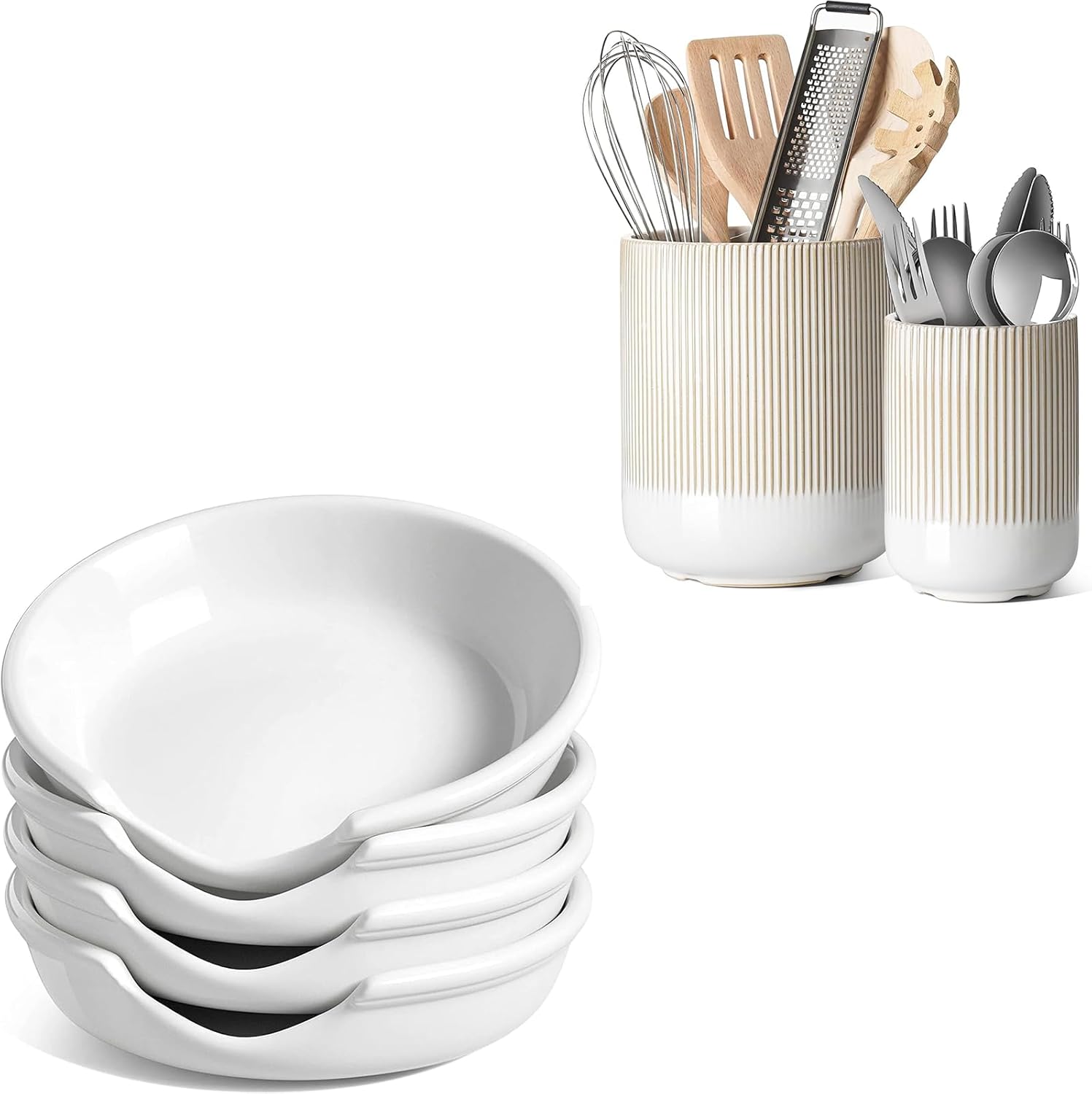 LE TAUCI Kitchen Utensil Holder Set, 7.3"+5.4" Ceramic Utensil Crocks and 4.8" Spoon Rest Set of 4, Kitchen Organizer Bundle for Countertop, Spatula, and Stove Top