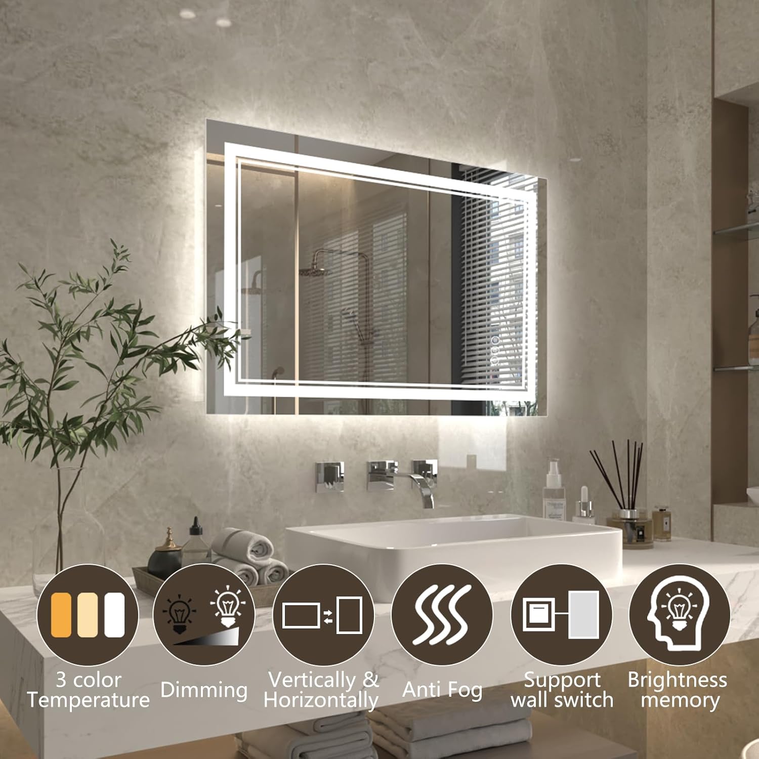 ExBrite 24x36 inch LED Mirror for Bathroom, Lighted Mirrors for Wall Mounted, Frontlit & Backlit Lighted Vanity Mirror with Anti-Fog, Dimmable, 3-Color, Memory Function, Shatterproof