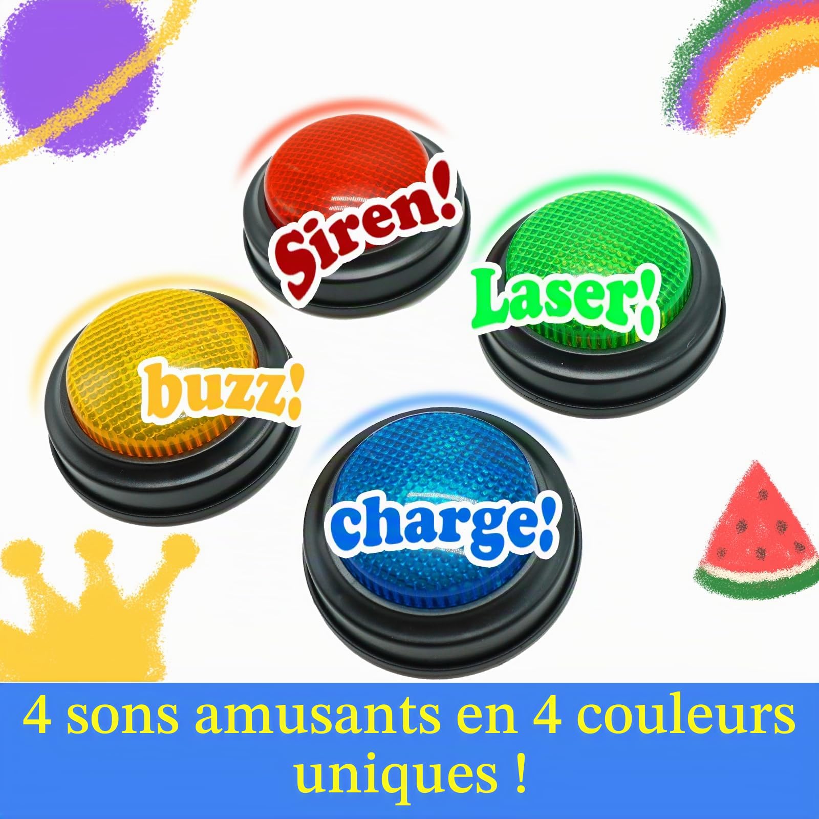 Gelaber Set de 4 Buzzer Blind Test, Buzzer pour Jeux de Questions avec 4 Sons Préenregistrés, Buzzer sonore et Lumineux, Cadeaux de Noël pour Enfants