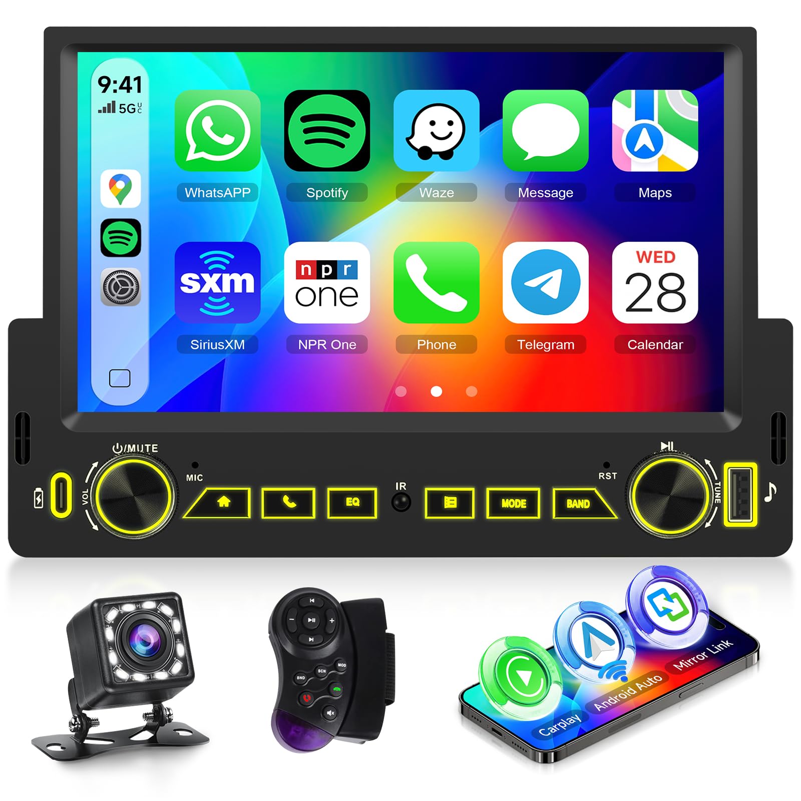 Hodozzy Autoradio 1 Din avec CarPlay Android Auto sans Fil, Poste Radio Voiture 1 Din écran Tactile 7 Pouces avec Bluetooth, Mirror Link, Stéréo FM, Universel MP5 EQ Type-C/USB/AUX, Caméra Recul