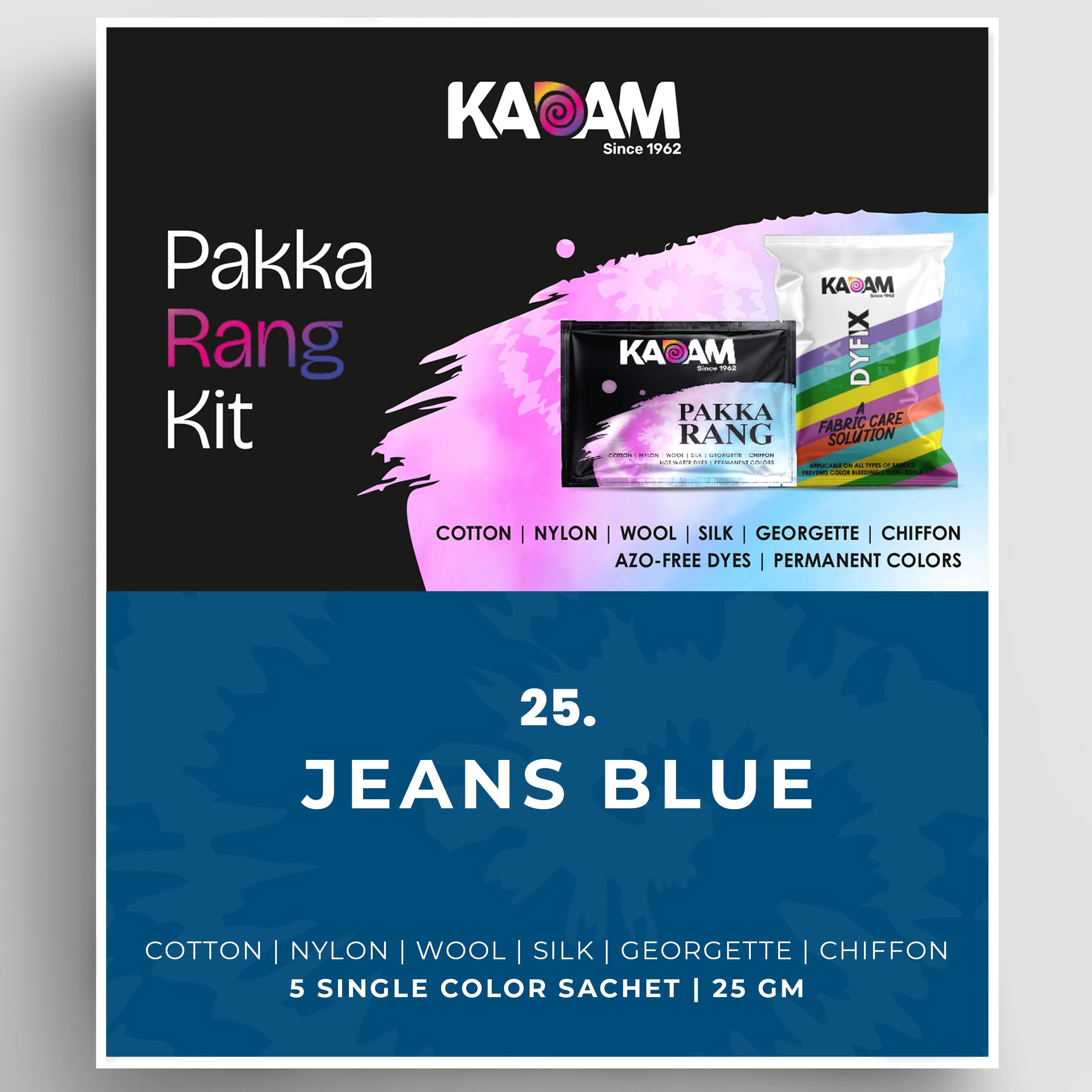 KADAM (LABEL) Pakka Rang Fabric Dye Colour | Shade No 25: Jeans Blue | 25g Pack | Includes DyFix Color Fixer | Permanent Fabric Dyes for Old Faded Jeans and Clothes